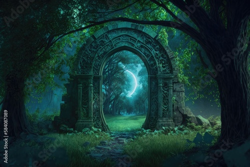 Archway in forest that leads to another dimension. Generative AI © MVProductions