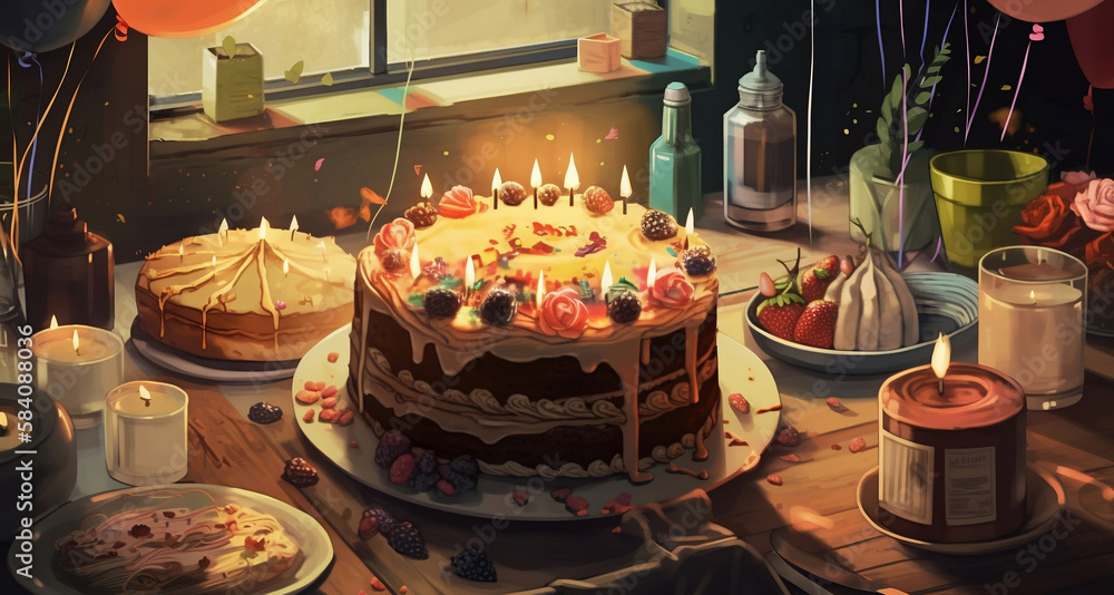 birthday cake and candles, generative ai