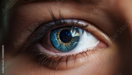 close up of beautiful blue eye pupil vision long eyelashes, generative ai
