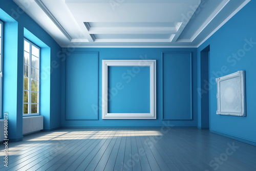 empty blue interior room with wall picture frame, day light, generative ai