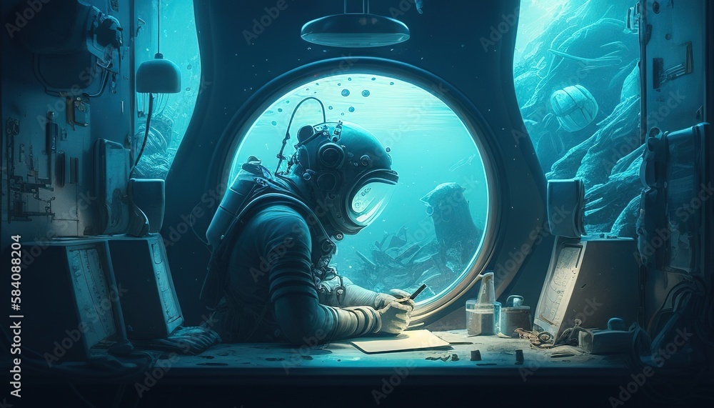 astronaut underwater base, digital art illustration, Generative AI