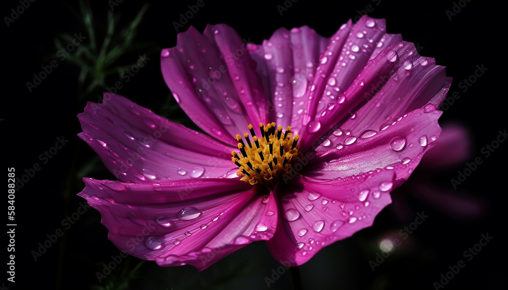 macro closeup pink purple flower with water drops, black background, generative AI macro closeup pink purple flower with water drops, black background, generative AI