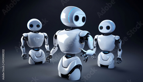 3 robots, blue screen white robot cyborg, generative ai 