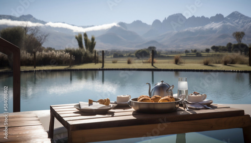 floating breakfast in bed with mountains sun snow and pool amazing Alps view, luxury travel rest, generative AI