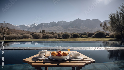 floating eco breakfast with mountains landscape in summer morning with pool amazing view, luxury travel rest, generative AI