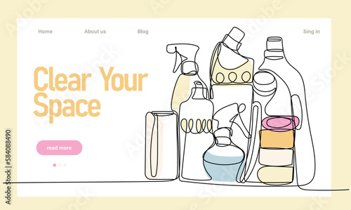 Home cleaning service landing page design concept, illustration of janitors with cleaning tools. Vector illustration