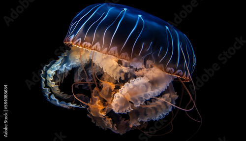 blue light jellyfish in aquarium, black background, generative ai