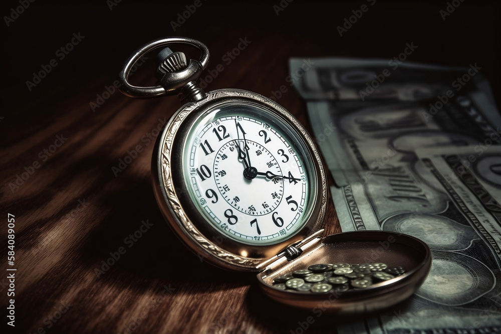 time is money concept, old watch with money dollars, Generative AI time is money concept, old watch with money dollars, Generative AI