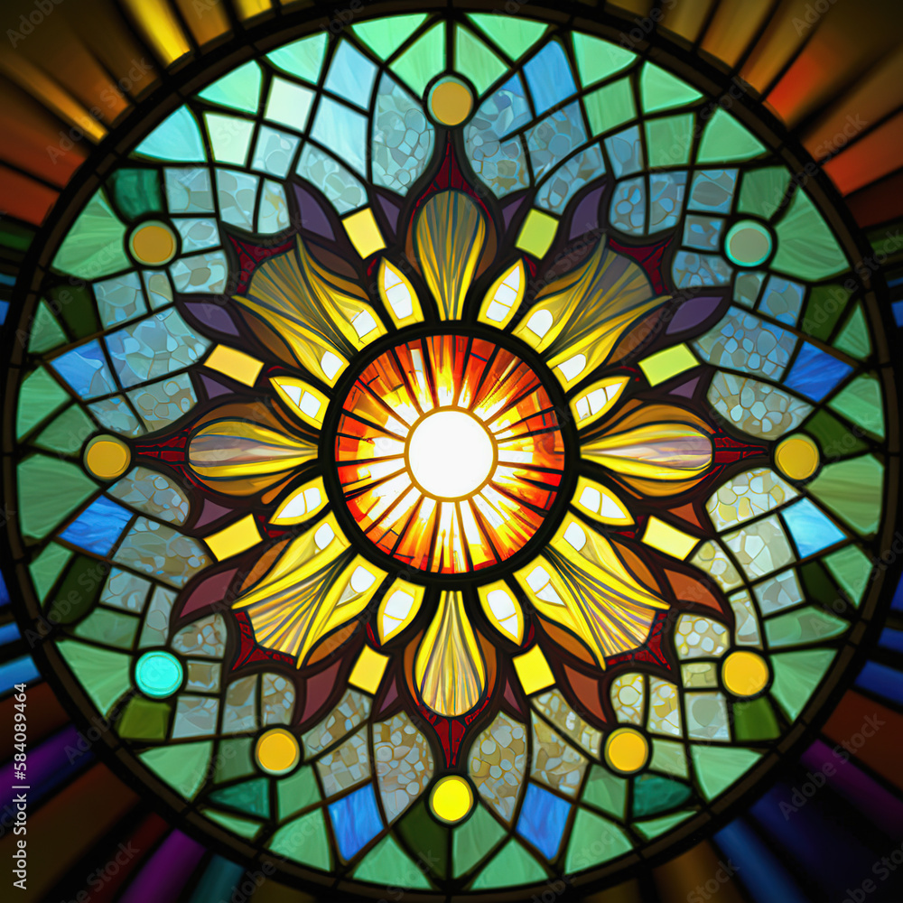 Stained glass rosetta window, form of sun. Generative AI