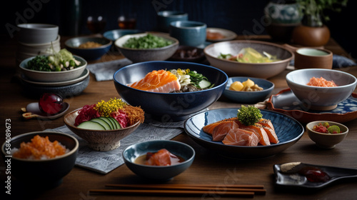 Japanese Cuisine and Sushi Flat Lay - Moody Food Photography with Top Down Shots of Asian Food Display on Aged Wood - Generative AI