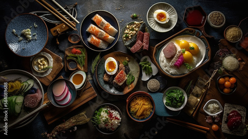 Japanese Cuisine and Sushi Flat Lay - Moody Food Photography with Top Down Shots of Asian Food Display on Aged Wood - Generative AI