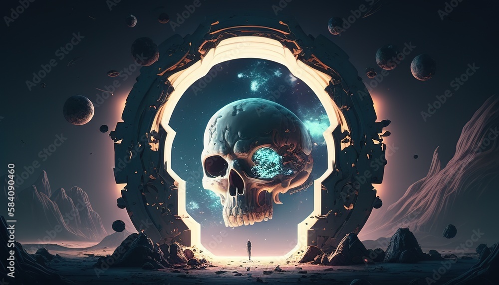 skull space portal, digital art illustration, Generative AI