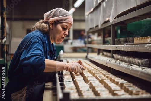 Woman working on conveyor belt at food factory. Generative AI photo