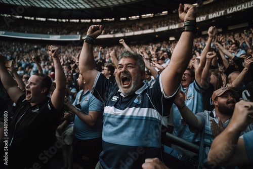 Rugby fans cheering at stadium. Generative AI © Pajaros Volando