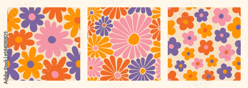 Groovy Daisy Flowers Seamless Patterns Set. Floral Vector Background in 1970s Hippie Retro Style