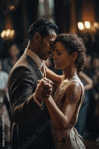 Couple dancing in ballroom at elegant party. Generative AI vertical shot