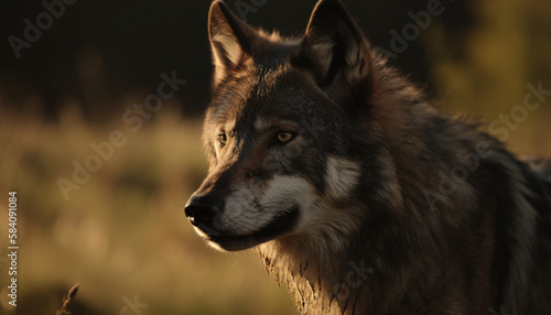 brown quick wolf in the meadows, fierce, fangs, angry, strong