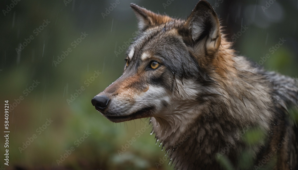 brown quick wolf in the meadows, fierce, fangs, angry, strong