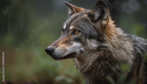 brown quick wolf in the meadows, fierce, fangs, angry, strong