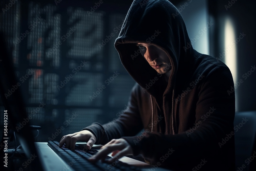 Cyberkriminalität im blauen Licht, Ein Hacker in Aktion, Hacker im Schatten mit Lederjacke, einer Mütze und Tastatur, cyber security, generative ai, generativ, KI Cyberkriminalität im blauen Licht, Ein Hacker in Aktion, Hacker im Schatten mit Lederjacke, einer Mütze und Tastatur, cyber security, generative ai, generativ, KI