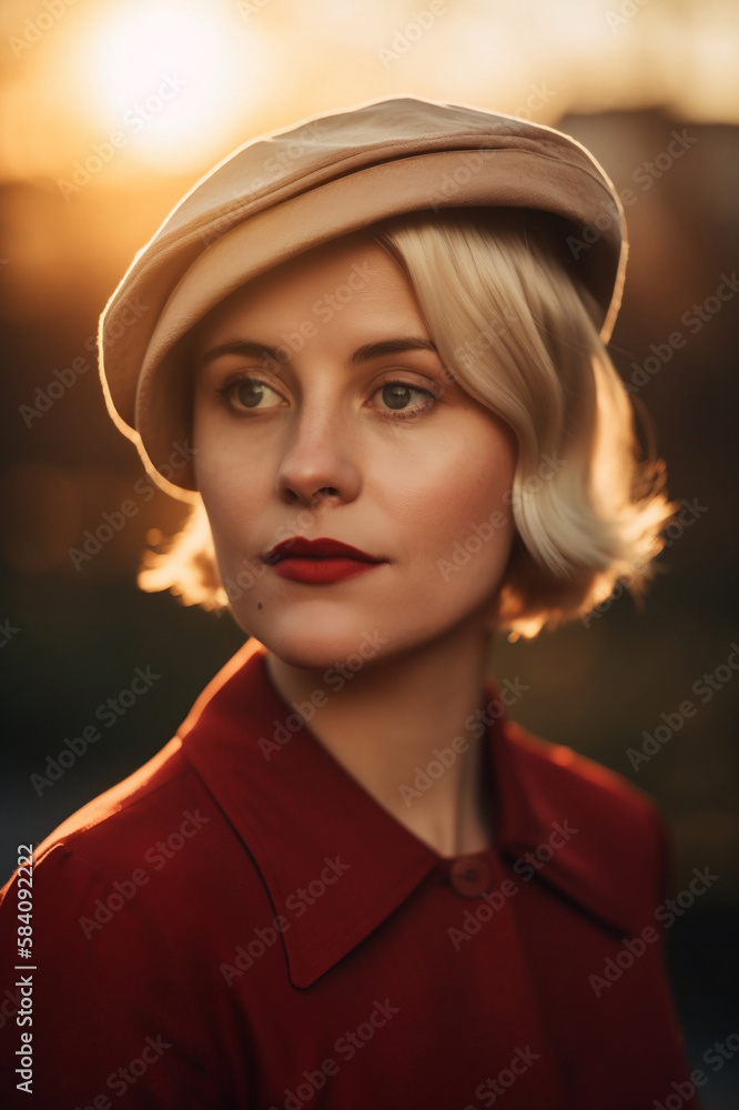 1920er Jahre Glamour Porträt einer jungen blonden Frau mit rotem Mantel und Schiebermütze, Vintage Schönheit mit leuchtend rotem Lippenstift, Sonnenuntergang, generative ai, generativ, KI 1920er Jahre Glamour Porträt einer jungen blonden Frau mit rotem Mantel und Schiebermütze, Vintage Schönheit mit leuchtend rotem Lippenstift, Sonnenuntergang, generative ai, generativ, KI
