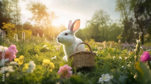 Frühlingshafte Entdeckung mit einem weißen Osterhase auf einer Blumenwiese im Wald, bunte Blumen rund herum, vom Sonnenlicht angestrahlt, Osterhase, generative ai, generativ, KI