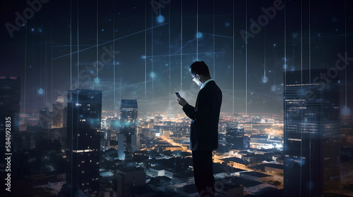 Double exposure of businessman use smartphone, urban in night wih technology (ai generated)