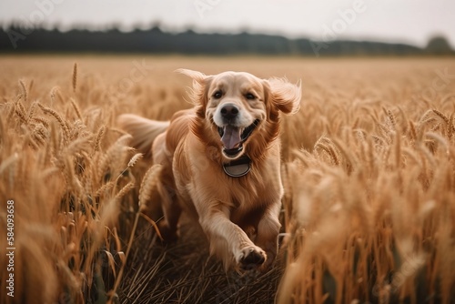 Golden Retriever sonriente corriendo libre en el campo natural IA generativa