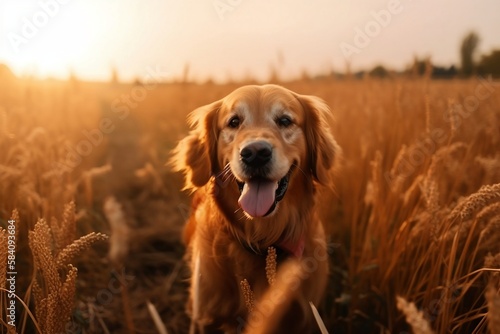Golden Retriever sonriente feliz foto retrato en campo natural IA generativa