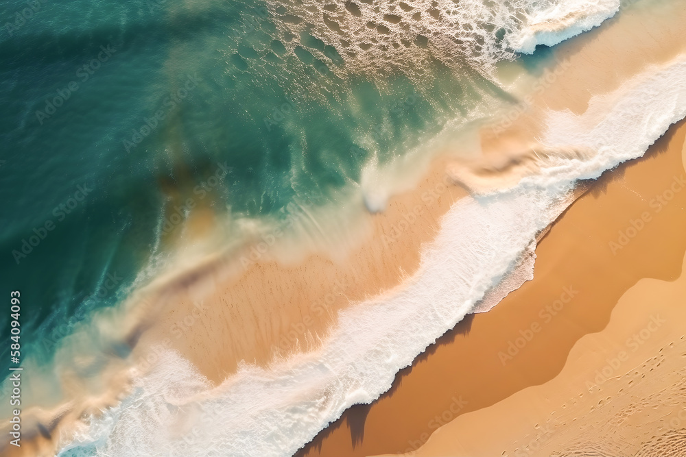 Waves crashing into tropical beach view from drone. Generative AI