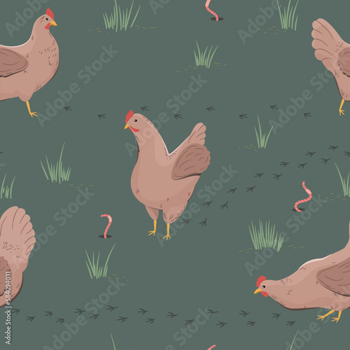 Brązowe kury na zielonej łące. Szczęśliwe kury skubiące trawę na wolnym wybiegu. Wzór powtarzalny. Ilustracja wektorowa. 