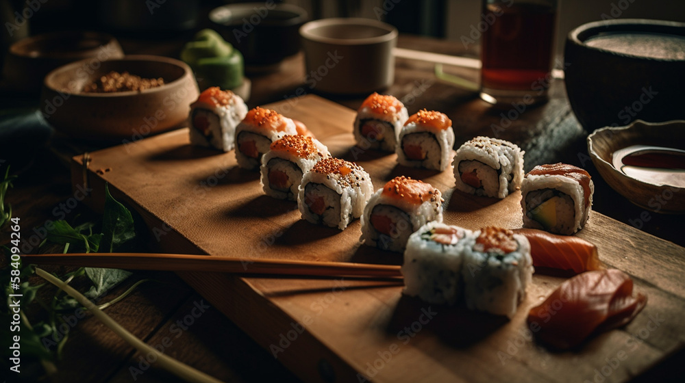Sushi Platter with Japanese Aesthetic on Natural Wood Flat Lay, Asian Cuisine Food Photography - Generative AI