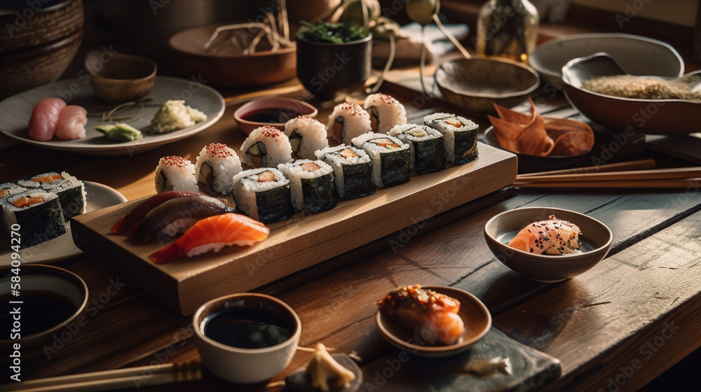 Sushi Platter with Japanese Aesthetic on Natural Wood Flat Lay, Asian Cuisine Food Photography - Generative AI Sushi Platter with Japanese Aesthetic on Natural Wood Flat Lay, Asian Cuisine Food Photography - Generative AI