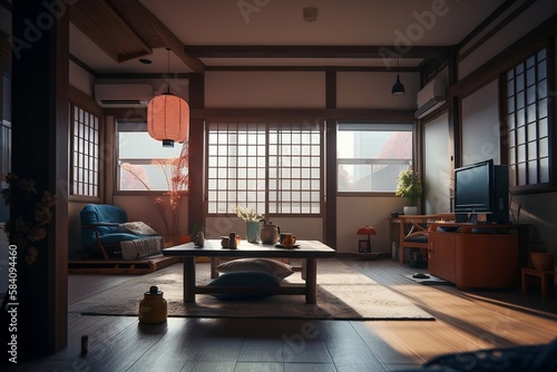 Japanese apartment with high detail, vivid color, high definition, tho minimalism, ikigai made by AI photo