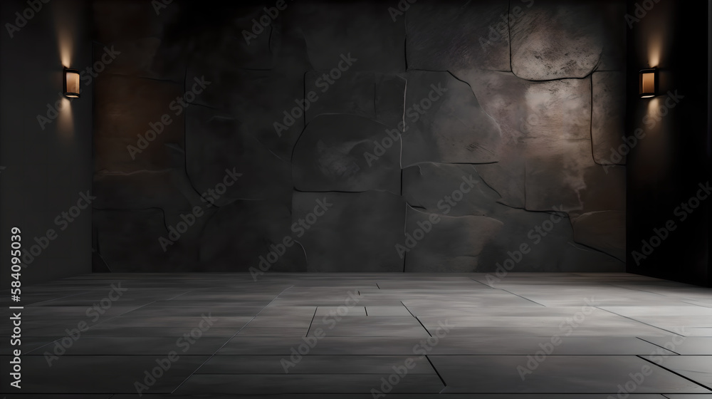Empty light dark wall with beautiful chiaroscuro and stone floor (ai generated) Empty light dark wall with beautiful chiaroscuro and stone floor (ai generated)
