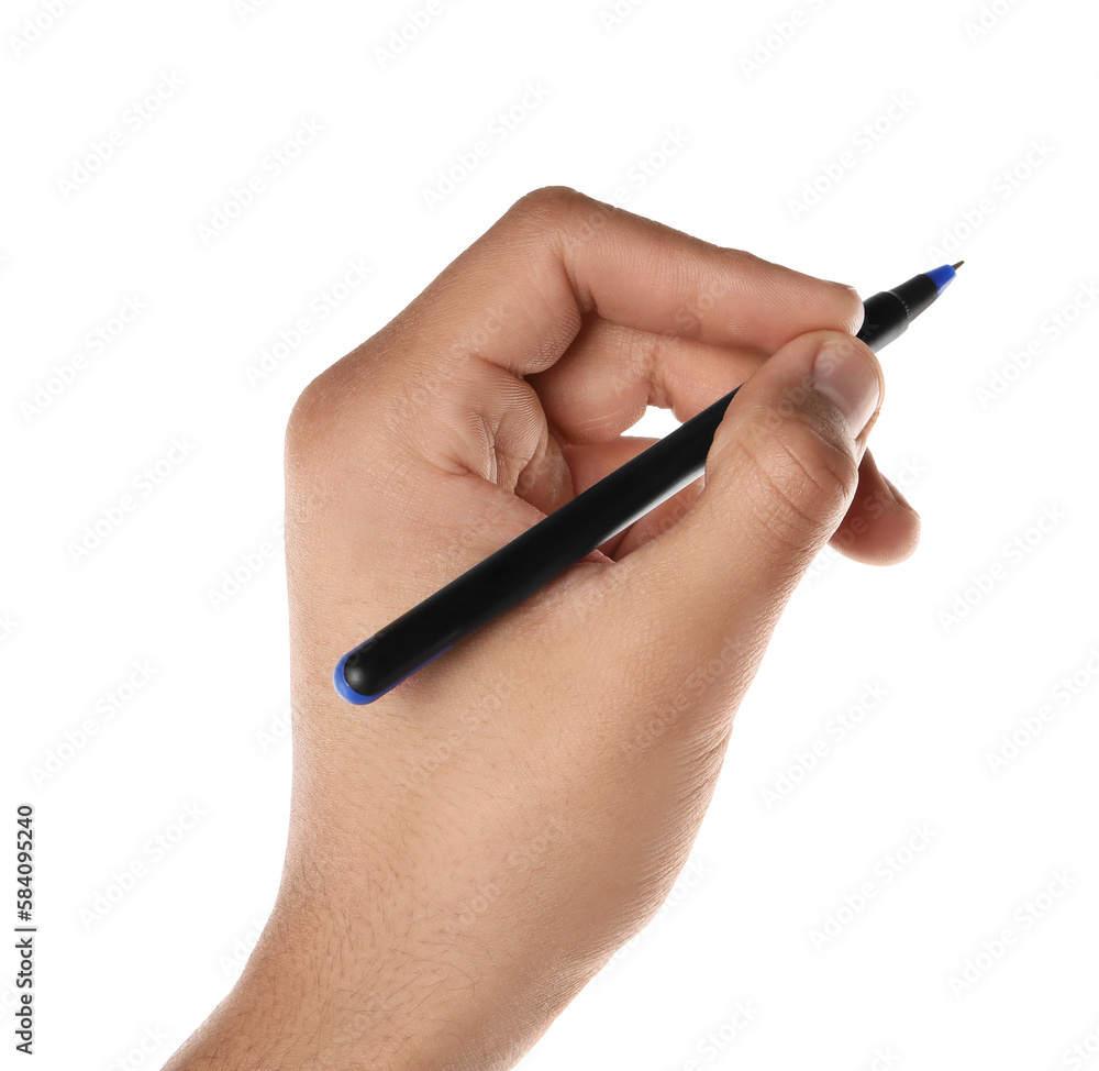 Man holding pen on white background, closeup of hand Man holding pen on white background, closeup of hand