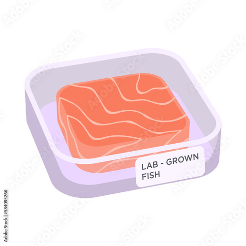 Lab-grown fish vector illustration. Cell-cultured square raw slice of salmon on the Petri dish isolated on white. 