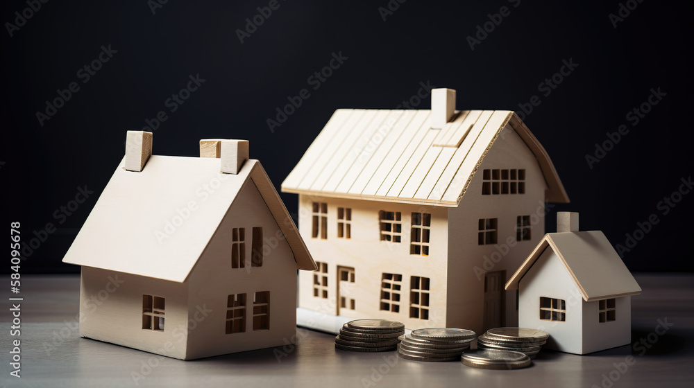 House mortgage, with golden stacks of coins. generative AI House mortgage, with golden stacks of coins. generative AI