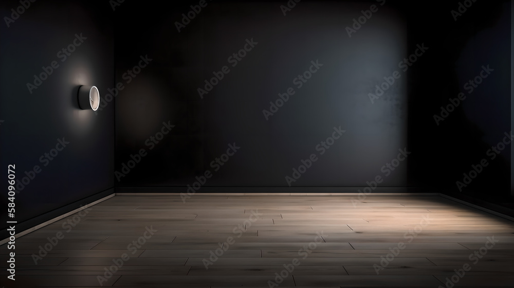 custom made wallpaper toronto digitalEmpty light dark wall with beautiful chiaroscuro and wooden floor (ai generated)