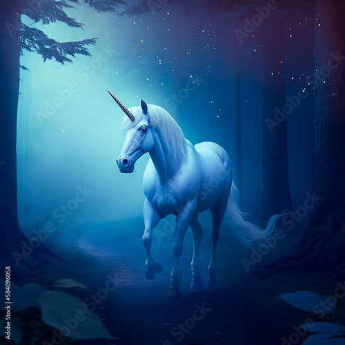 Unicorn among the trees in a magical forest. Generative AI