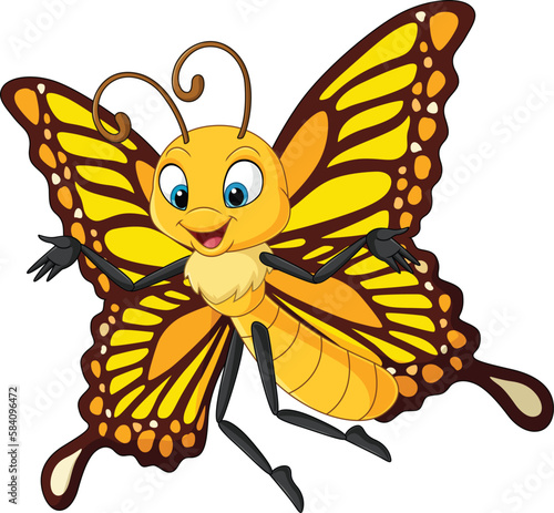 Cartoon funny butterfly flying on white background