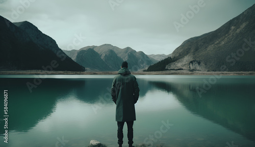 Realistic illustration of an unrecognizable person contemplating a natural landscape expressing tranquility and freedom, generated by AI, digital art.