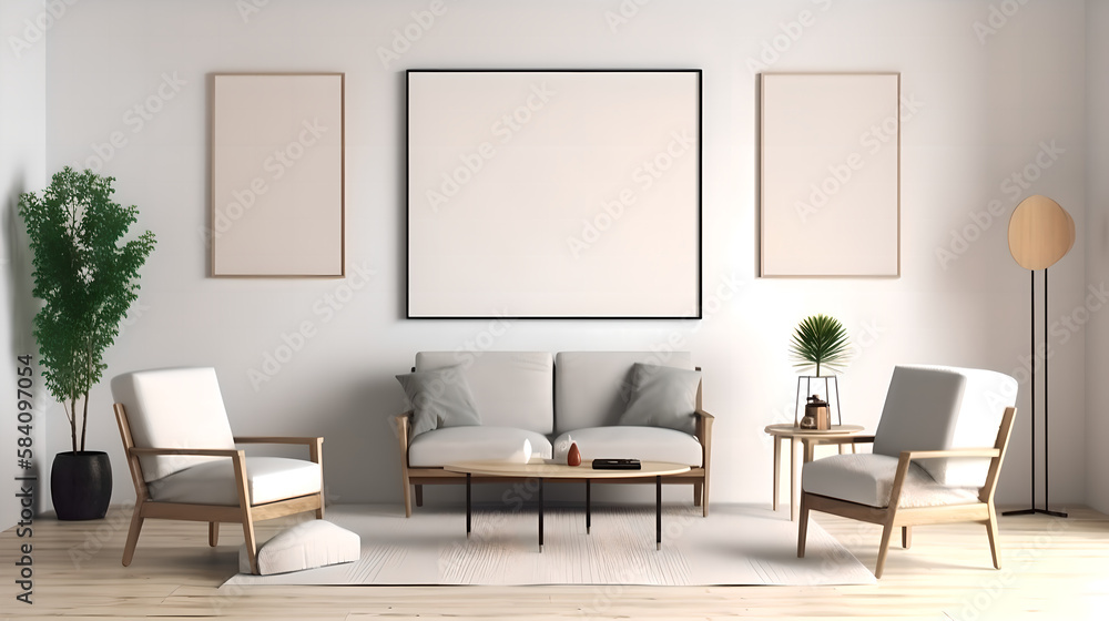Fototapeta premium Canvas mockup 3d living room render (ai generated)