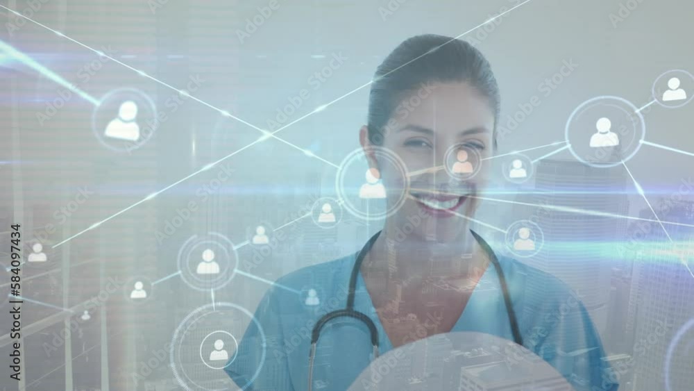 Animation of network of connections over caucasian female doctor Animation of network of connections over caucasian female doctor