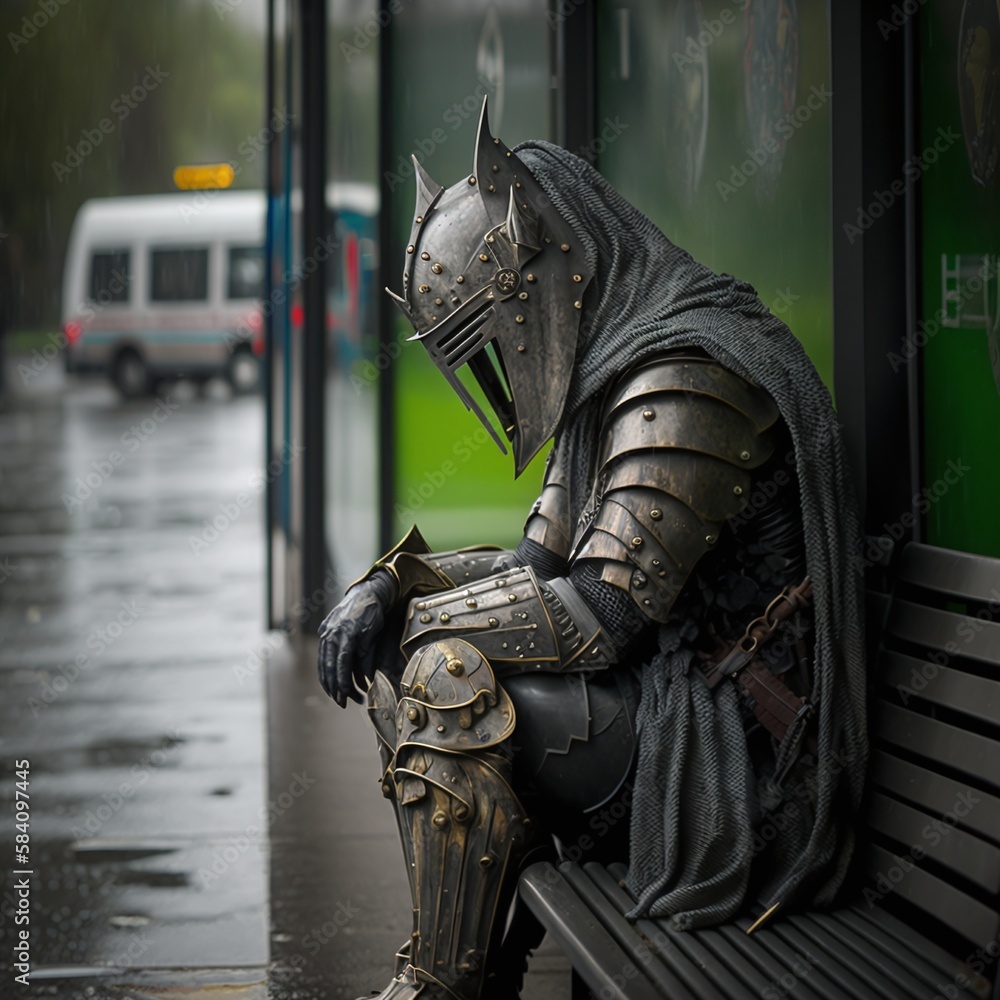 Fictional Lonely and Sad Warrior Sitting on a Rainy Day Generated by AI