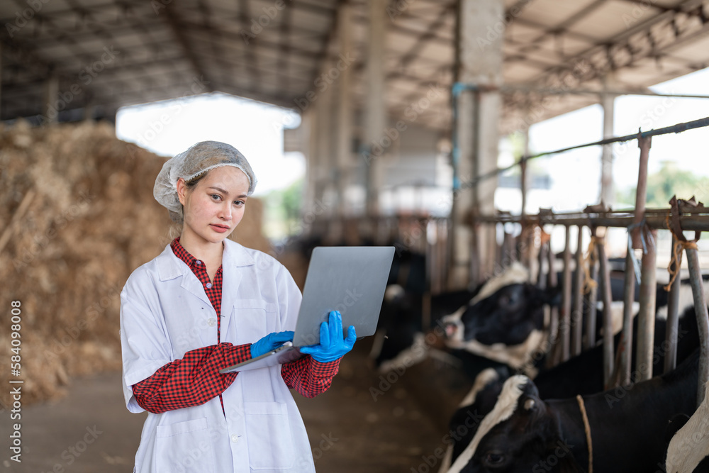 Fotka „Female veterinarian in a white medical gown stands in a cowshed