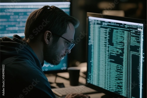 Fictional Hacker in Front of the Screen in a Room Full of Computers Generated by AI