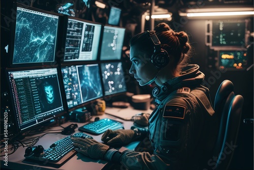 Fictional Astronaut and Hacker in Front of the Screen in a Room Full of Computers Generated by AI