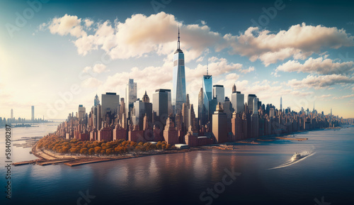 panoramic view of the iconic skyline of New York City, with the Empire State Building and One World Trade Center in the distance - Generative AI