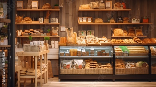 a unique storefront market with delicious baked goods, bread and healthy options, organic, eco-friendly vegan grocery, bakery wooden accents, a parquet floor, variety of bread, buns, and snacks 